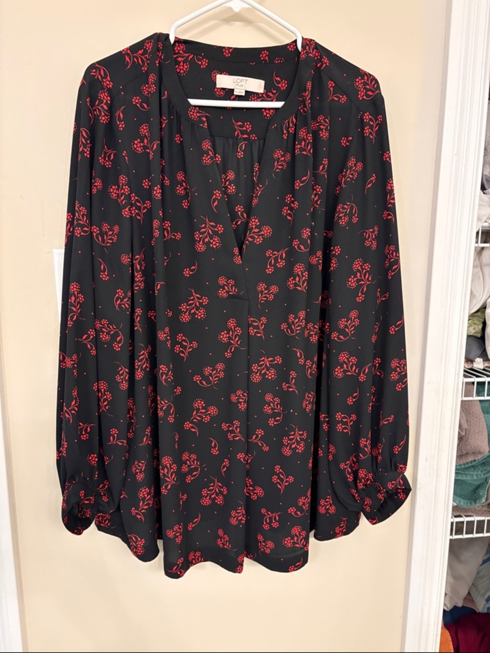LOFT Black Blouse with Red Floral Print